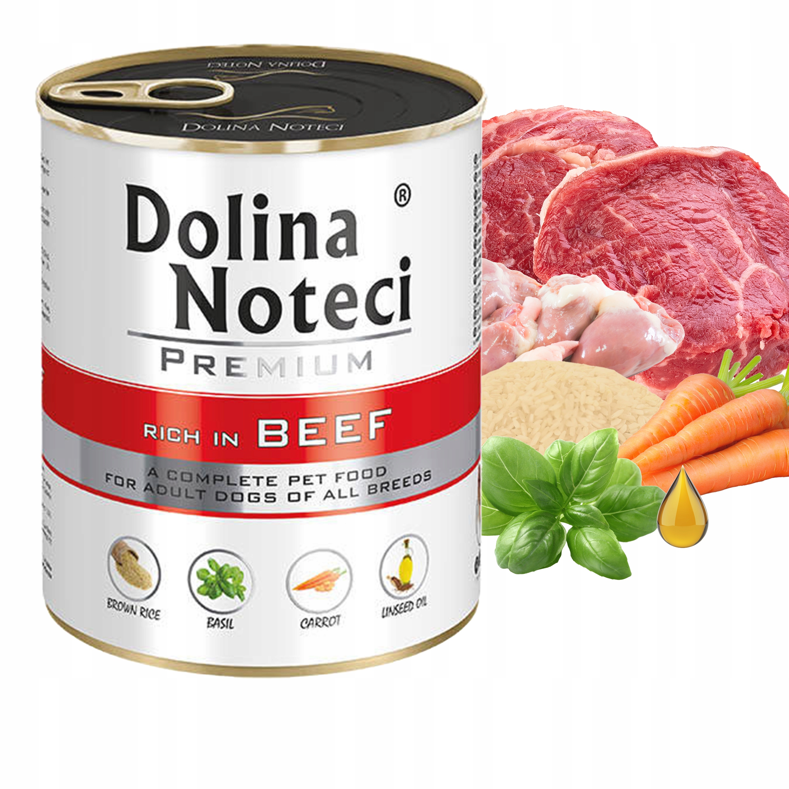 Puszka karm dla psa Dolina Noteci Premium z wołowiną, w otoczeniu surowego mięsa, marchewki, ryżu, bazylii i oleju.