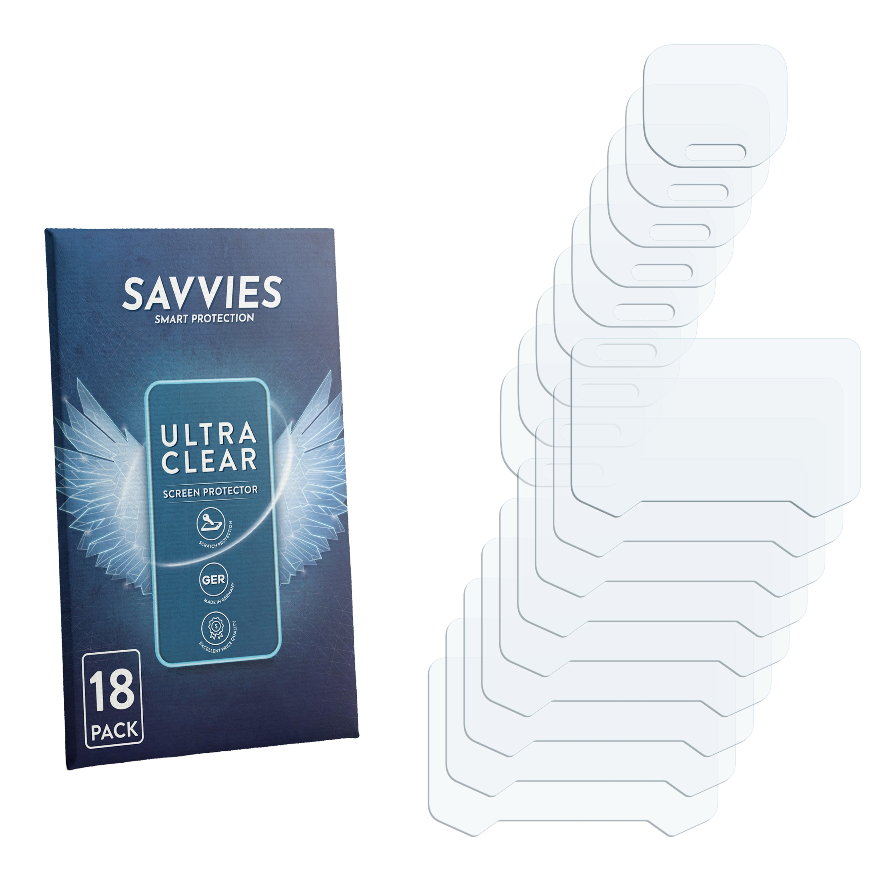 Savvies Ultra Clear Displayfolie 18er Pack mit Verpackung.