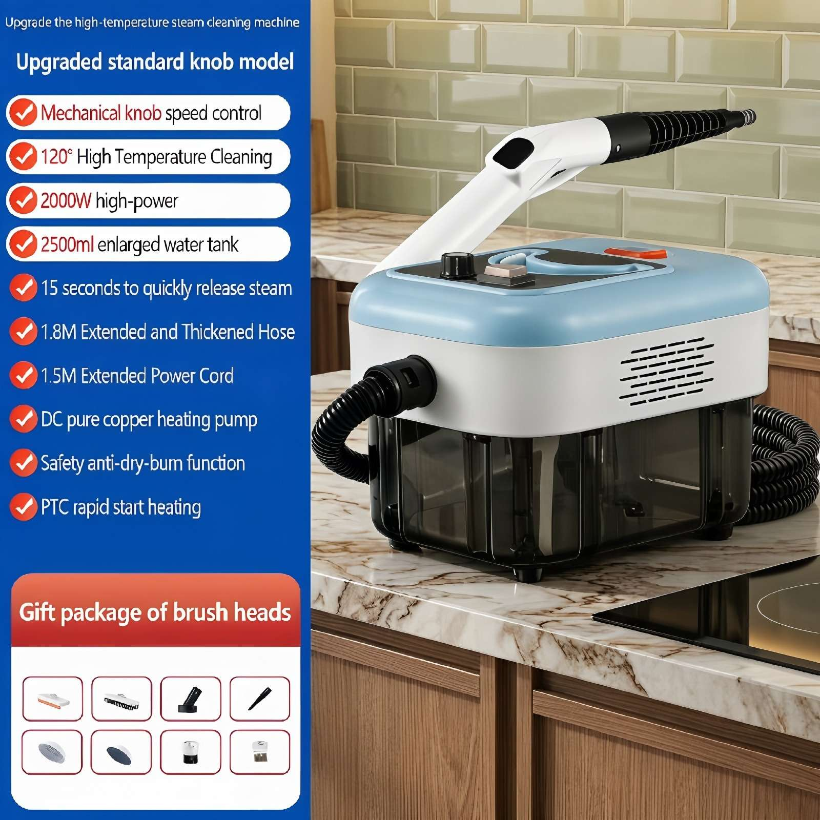 Ein blauer und weißer Dampfreiniger auf einer Marmortheke vor grünen Fliesen mit Produkttext.