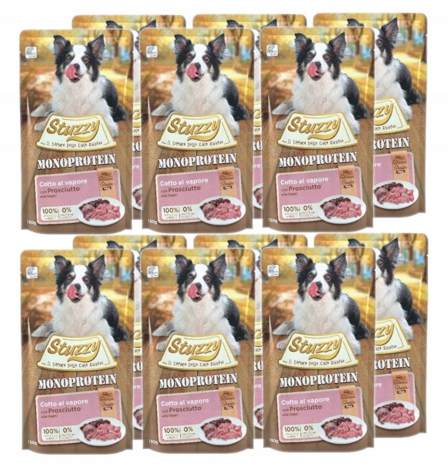 Osiem saszetek z karmą dla psów Stuzy z border collie i szynką.