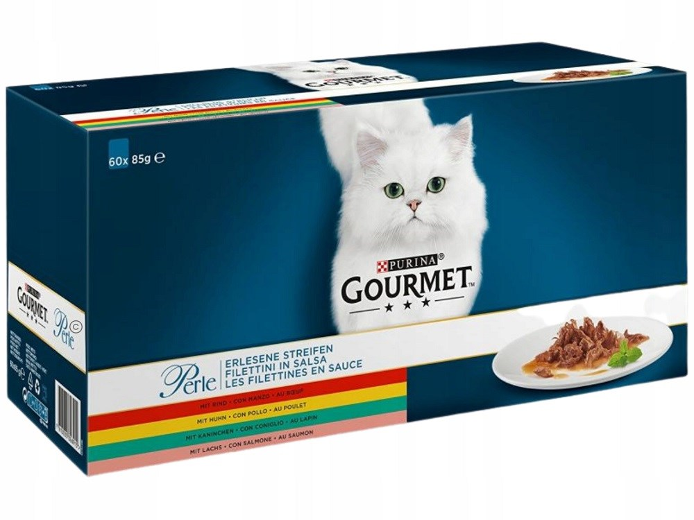 Niebieskie pudełko karmy dla kota Purina Gourmet z białym kotem i jedzeniem na talerzu.
