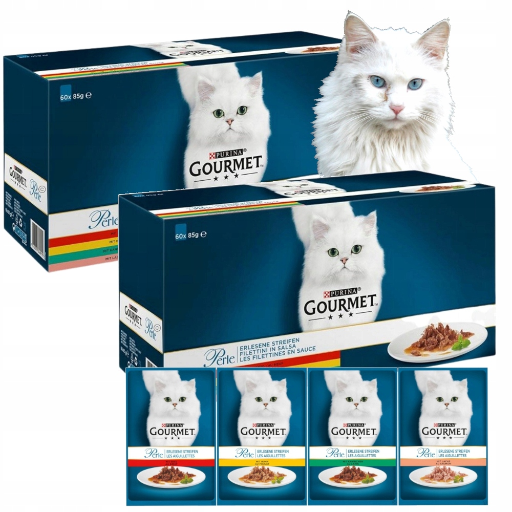 Dwa niebieskie pudełka karmy dla kotów Purina Gourmet i cztery saszetki z białymi kotami.