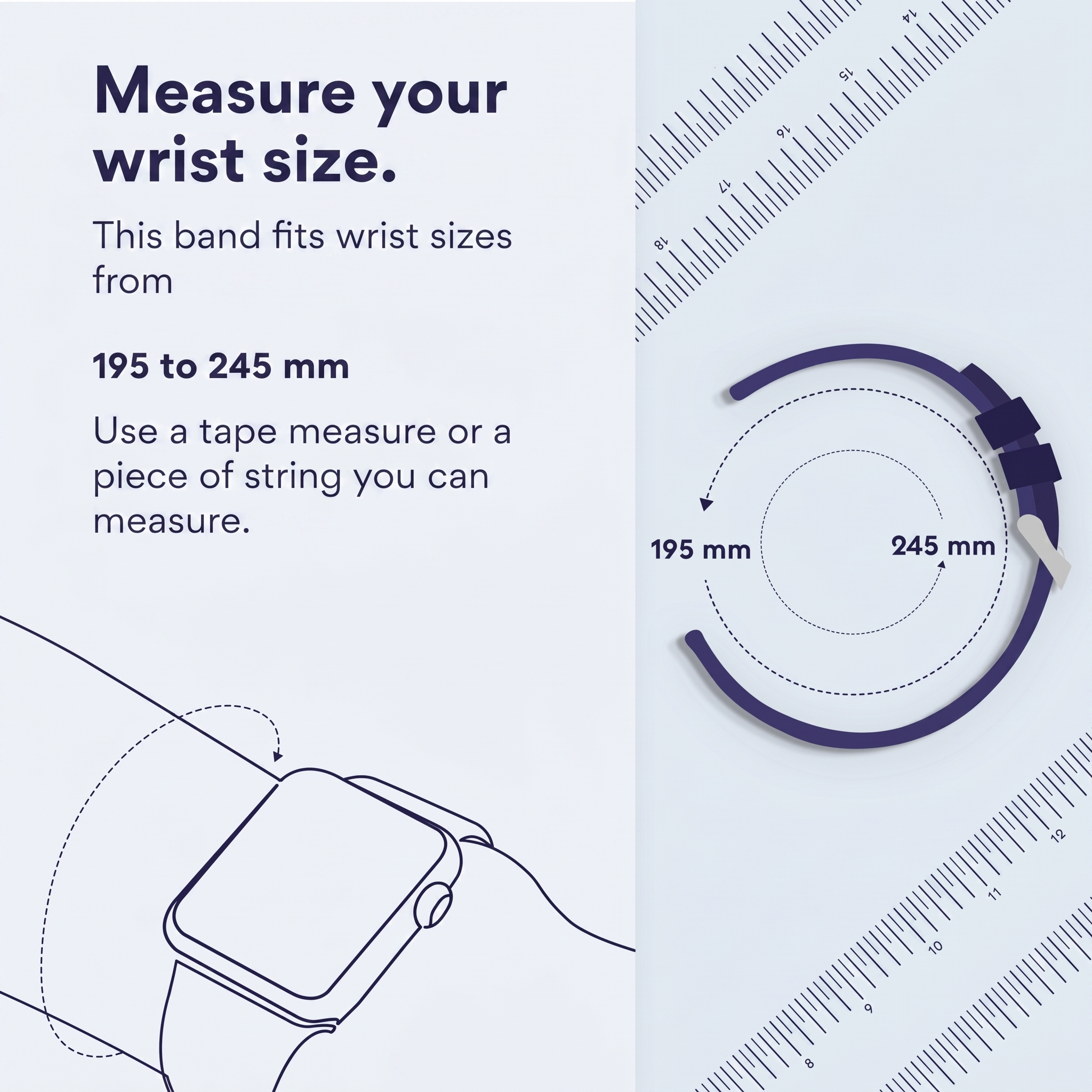 Guía para medir el tamaño de la muñeca para correas de reloj de 195 a 245 mm.