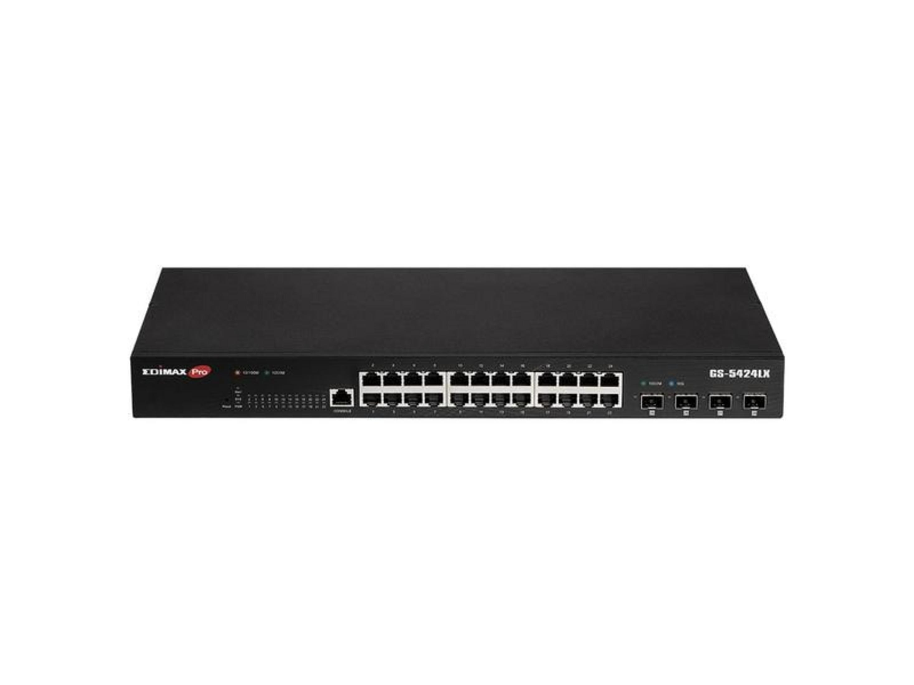 Ein schwarzer Edimax Pro Netzwerk-Switch mit zahlreichen Ethernet-Anschlüssen vor weißem Hintergrund.