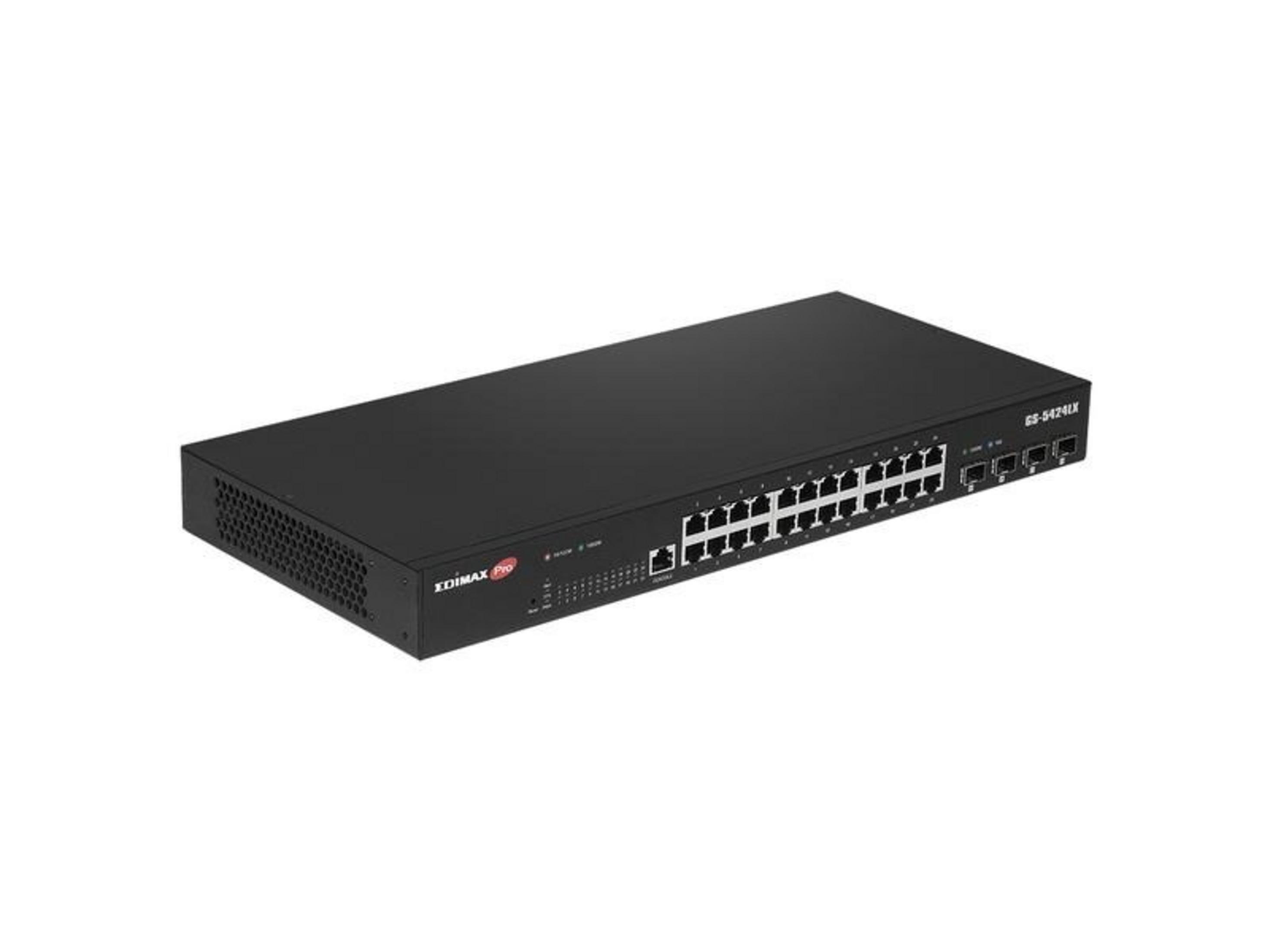 Ein schwarzer Edimax Pro Netzwerk-Switch mit mehreren Ethernet-Anschlüssen vor weißem Hintergrund.
