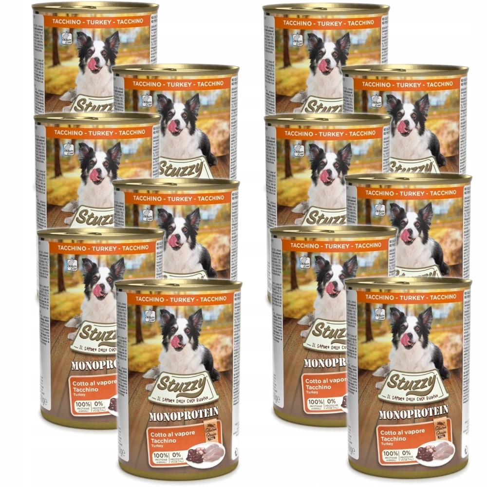 Wiele puszek karmy dla psa Stuzzy Monoprotein z indykiem i border collie na etykiecie.