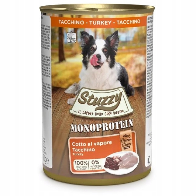 Puszka z karmą dla psa Stuzzy monoprotein z indykiem, przedstawiająca czarno-białego psa i kawałki mięsa.