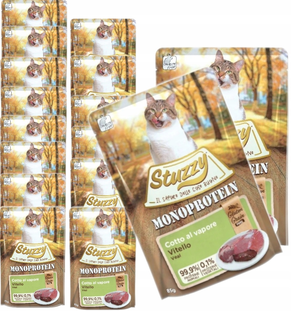 Saszetki z karmą dla kota Stuzzy Monoprotein z kotem na etykiecie na tle jesiennego parku.
