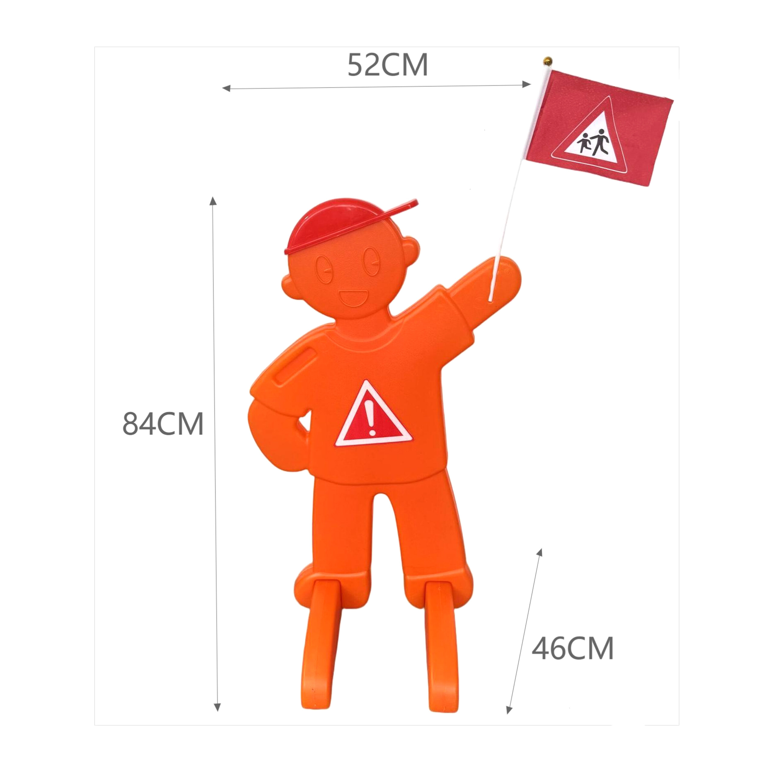 Oranger Sicherheitsständer in Menschenform mit roter Kappe, Warnweste, roter Flagge und Abmessungen.