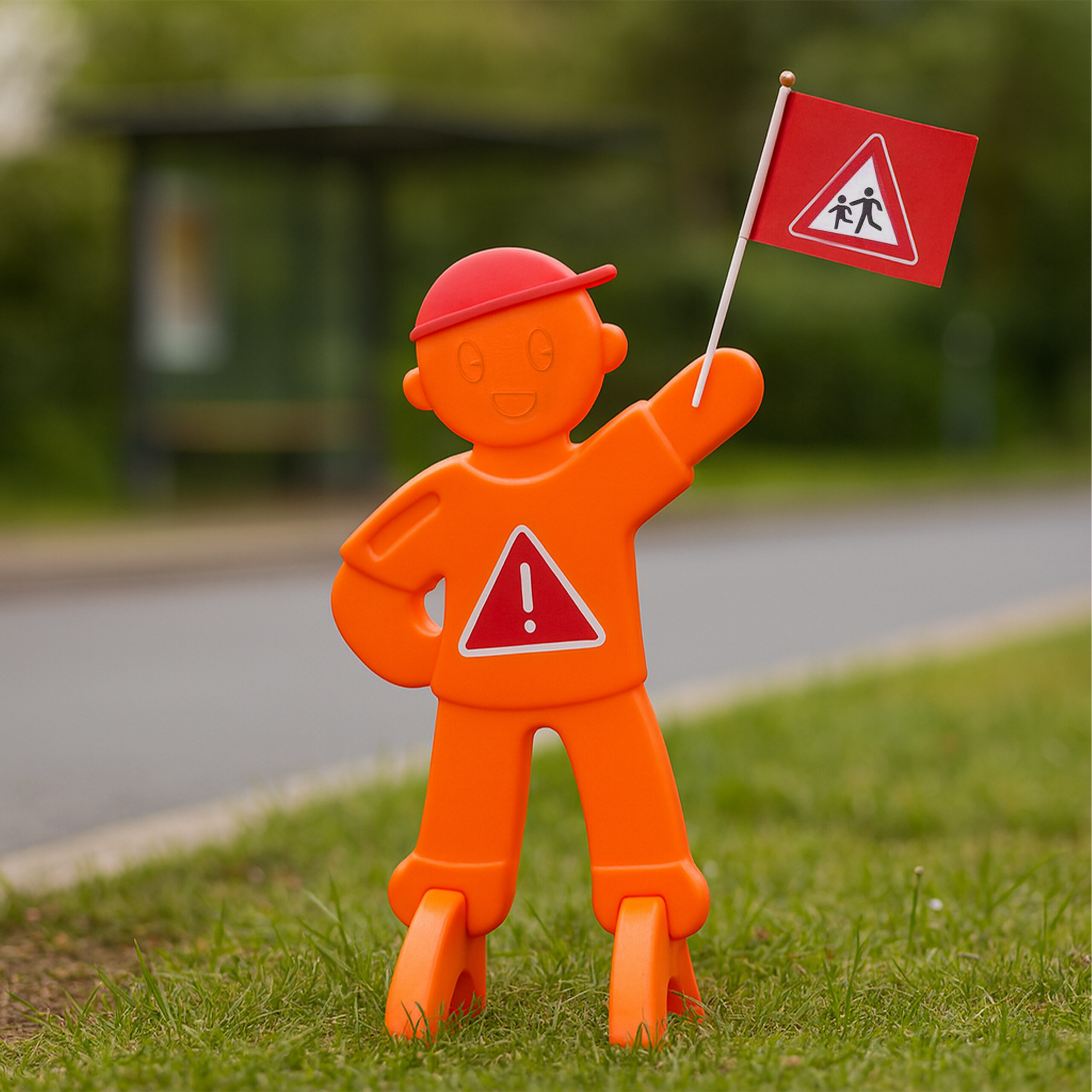Eine orangefarbene Kinderfigur aus Plastik am Straßenrand hält eine rote Flagge mit Warnsymbol.