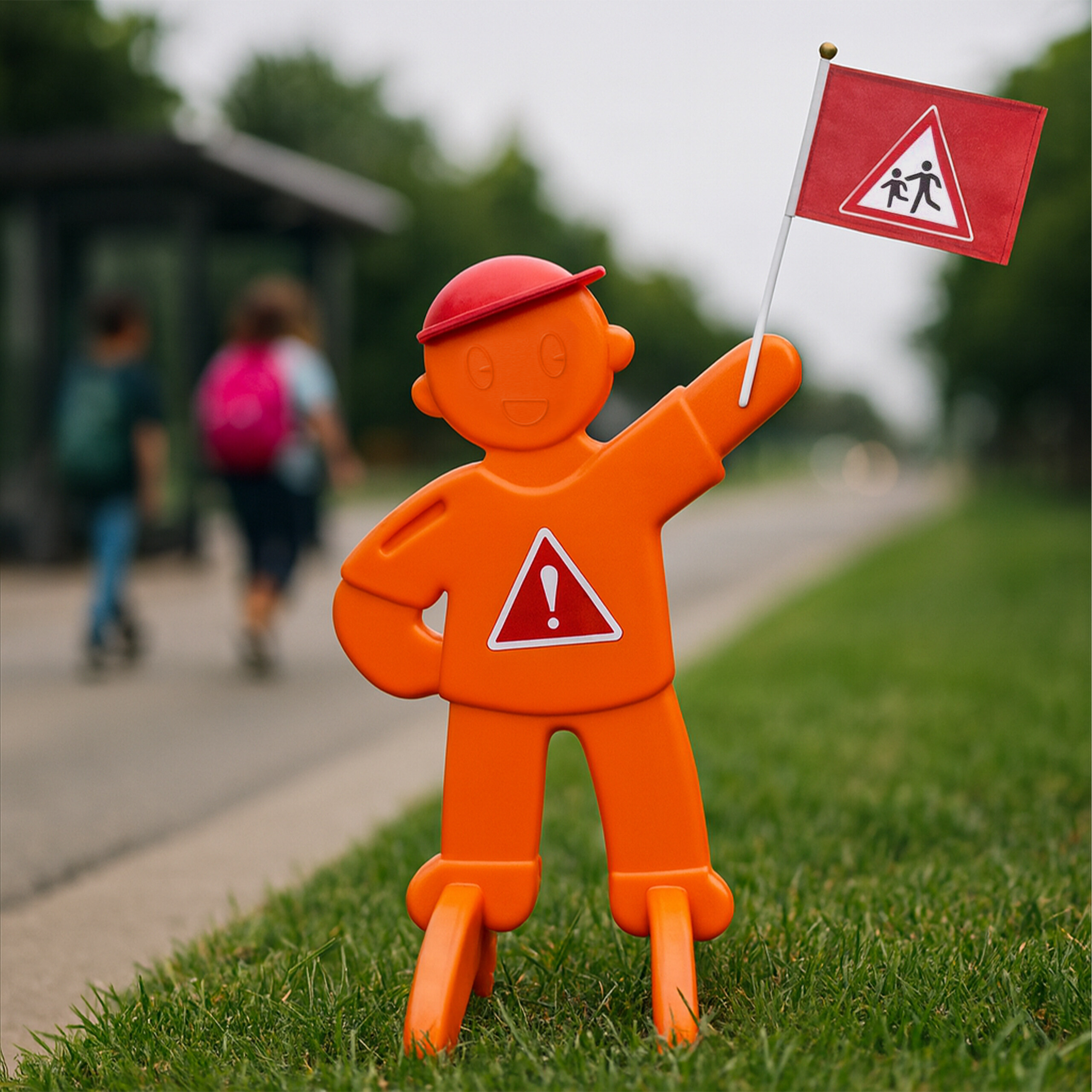 Eine orange Plastiksicherheitsfigur mit rotem Hut hält eine rote Fahne mit einem Kinderschild an einem Weg.