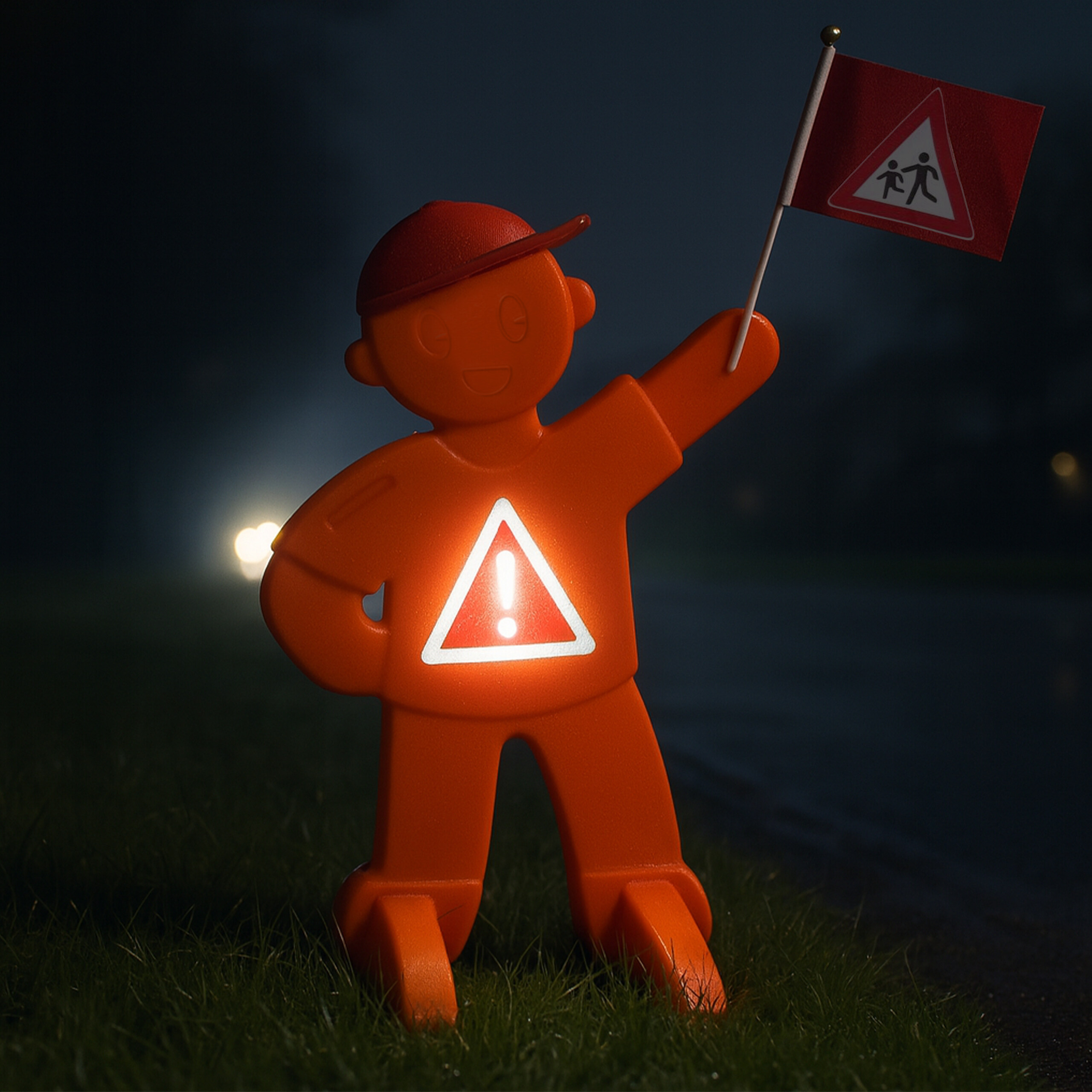 Eine orangefarbene Sicherheitsfigur aus Kunststoff mit leuchtendem Warndreieck hält nachts eine rote Flagge.