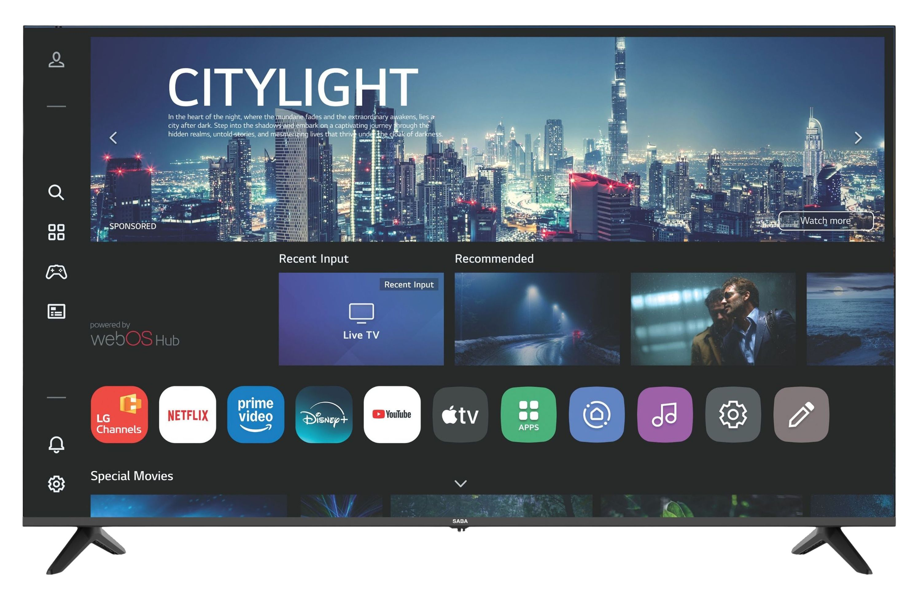 Ein Smart-TV zeigt eine webOS-Benutzeroberfläche mit App-Symbolen, Empfehlungen und einem Stadtbild im Hintergrund.