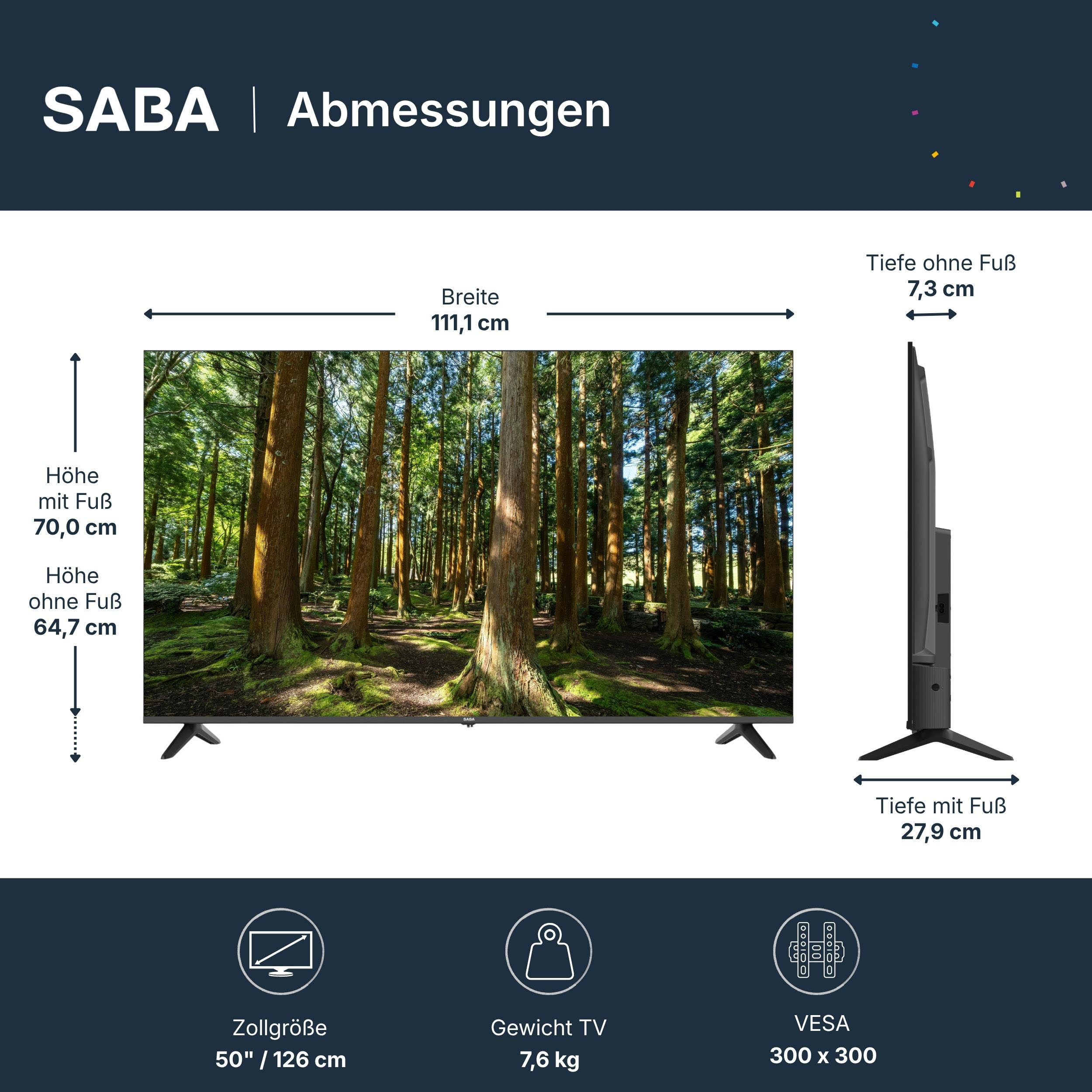 Diagramm zeigt die Abmessungen und technischen Daten eines SABA-Fernsehers mit einem Waldbild auf dem Bildschirm.