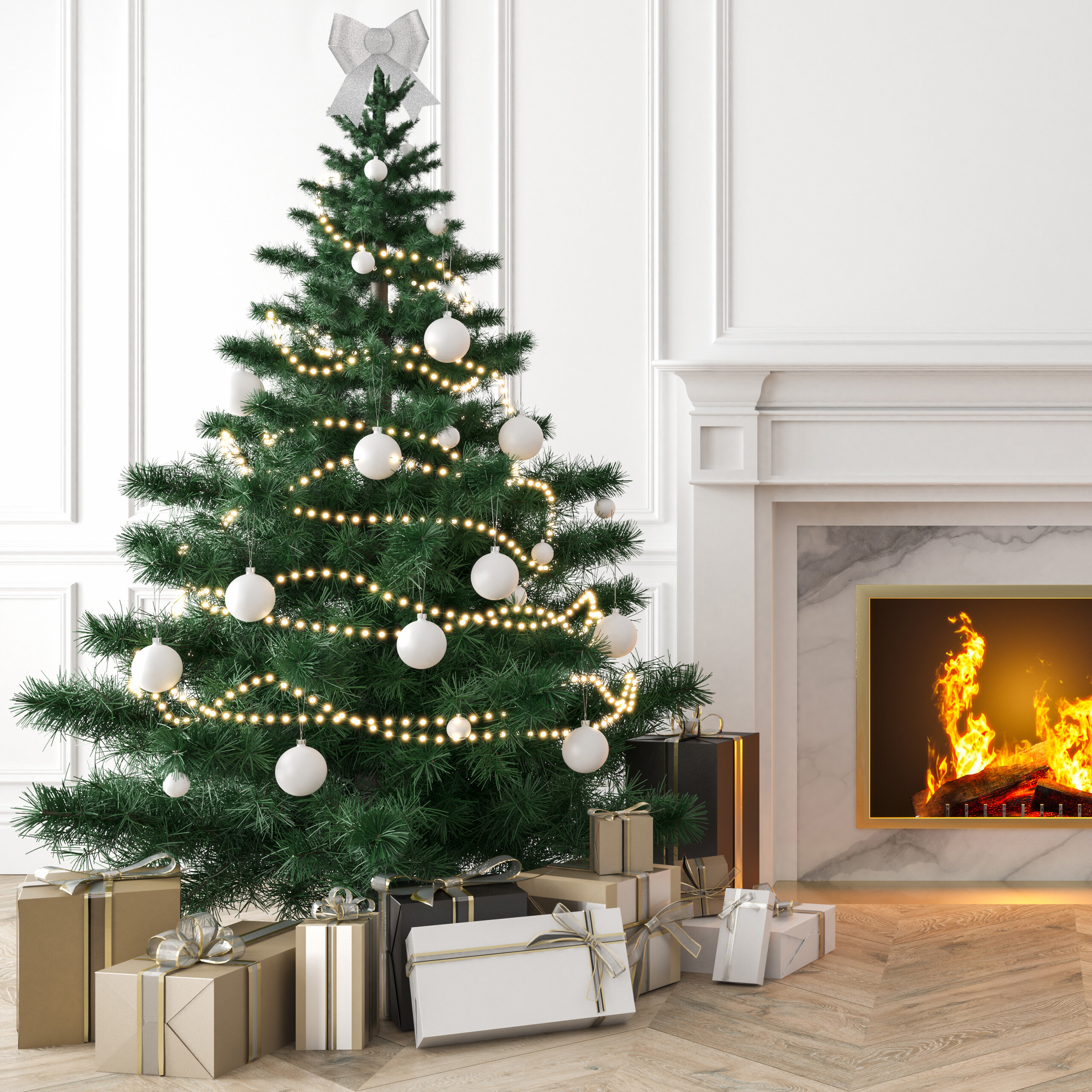 Geschmückter Weihnachtsbaum mit Lichtern und Kugeln neben einem Kamin mit Feuer, umgeben von Geschenken.