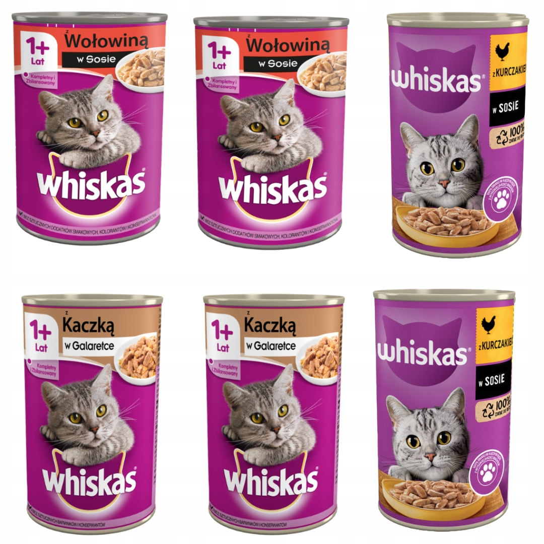 Sześć puszek karm dla kotów Whiskas z szarymi kotami i różnymi smakami.