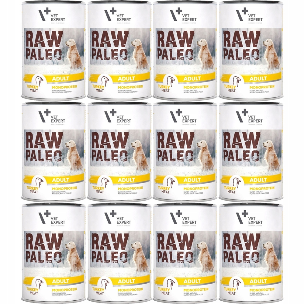 Dwanaście puszek karmy dla psa Raw Paleo Adult z indykiem w siatce cztery na trzy.