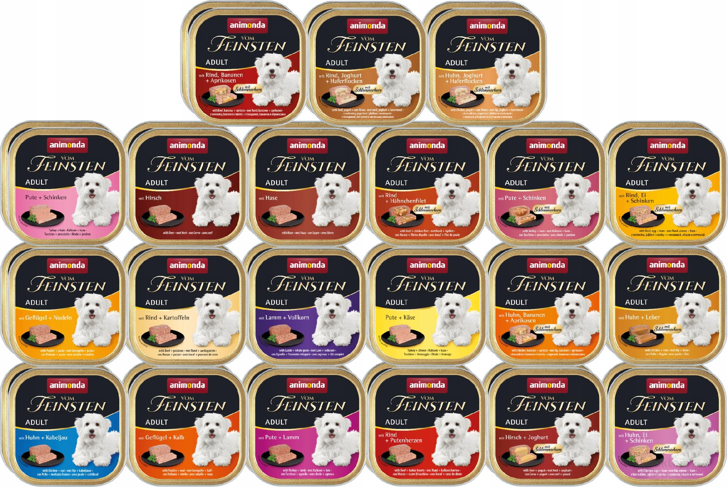 Różne puszek karmy dla psa Animonda Vom Feinsten z białym psem i zdjęciem produktu.