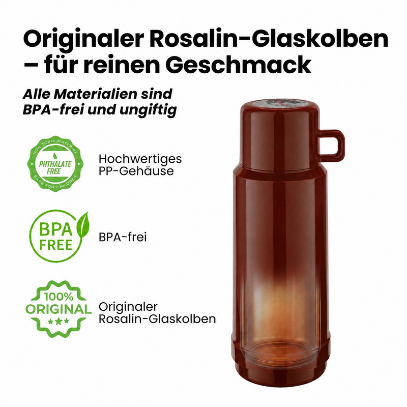 Eine braune Thermoskanne mit weißem Text und grünen Symbolen auf weißem Hintergrund.