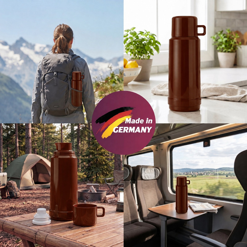 Eine braune Thermoskanne im Einsatz beim Wandern, in der Küche, beim Campen und im Zug.