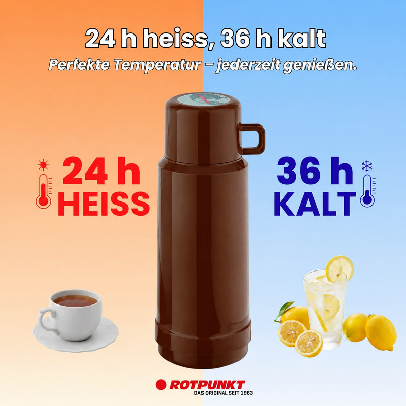 Braune Thermosflasche mit Heiß- und Kalt-Symbolen, einer Tasse Tee und Zitronenwasser vor orange-blauem Hintergrund.