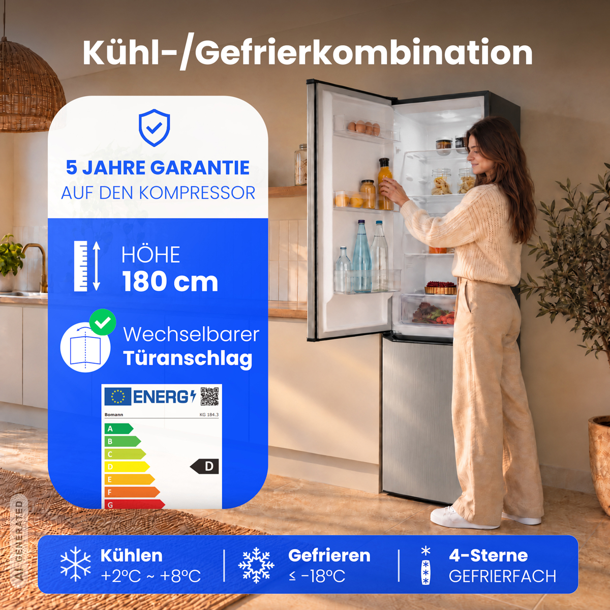 Frau öffnet eine Kühl-Gefrierkombination, daneben blaue Infografik mit Produktdetails.