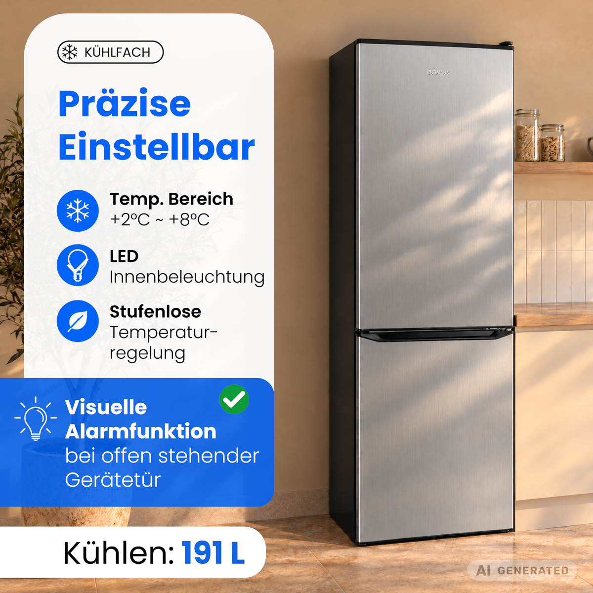 Silberner Bomann Kühlschrank mit Einstellungsdetails und 191 Litern Kühlvolumen.