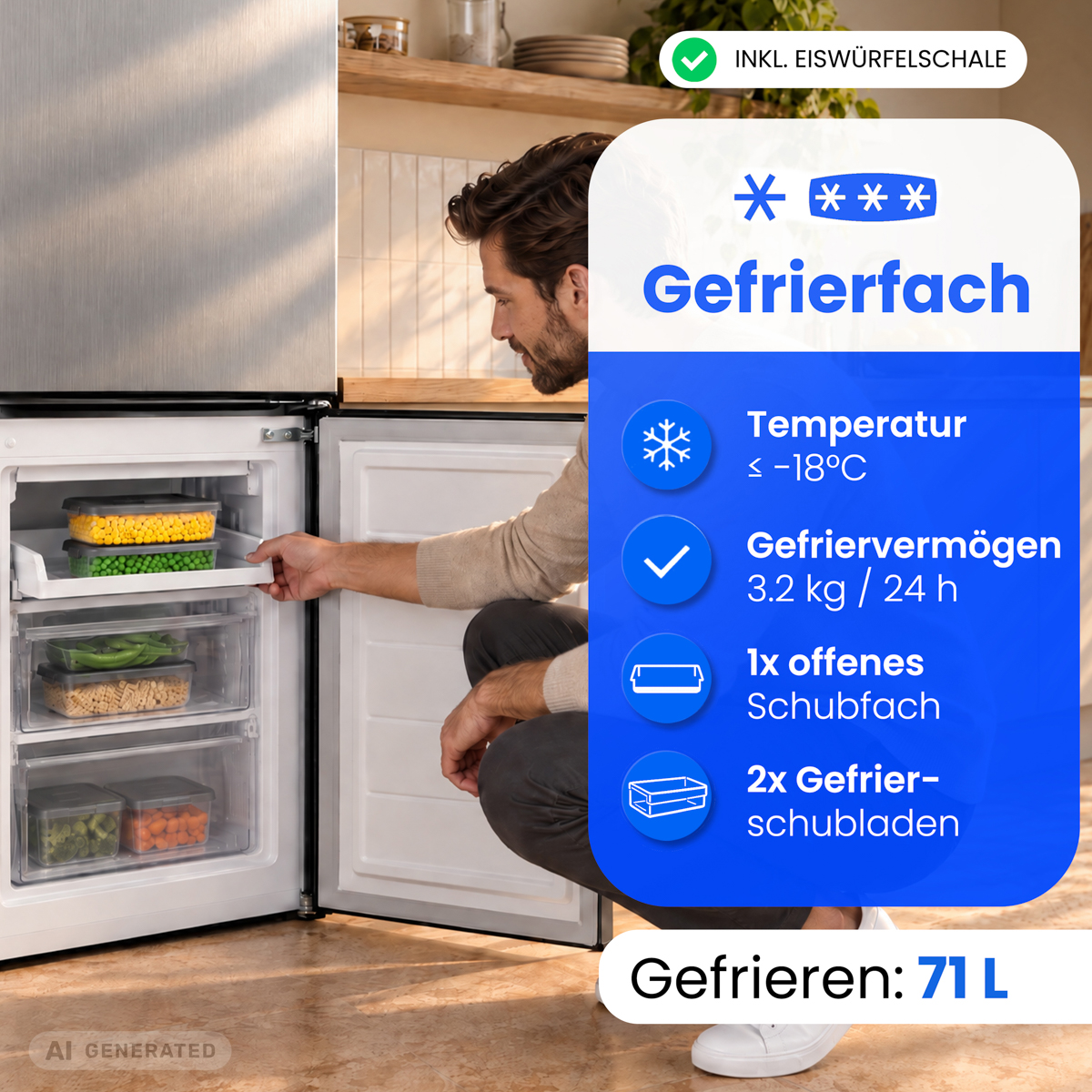 Ein Mann kniet vor einem geöffneten Gefrierschrank mit Schubladen, die Lebensmittel enthalten.