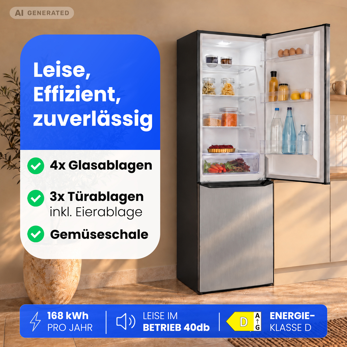Geöffneter Edelstahl-Kühlschrank in einer Küche mit Text-Overlay über Funktionen.