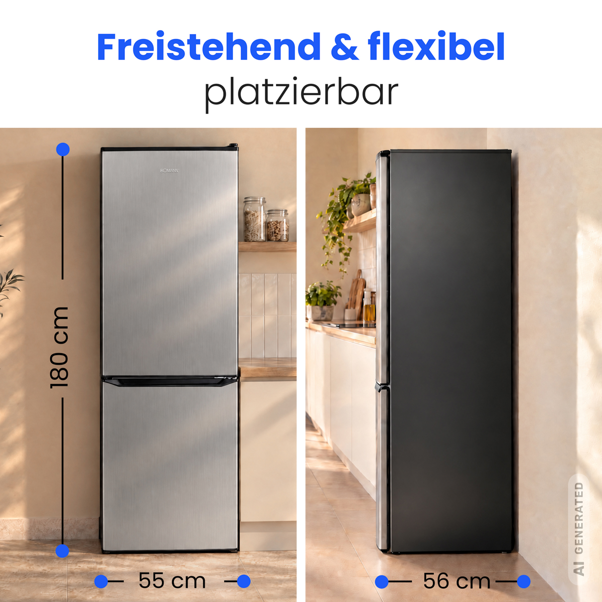 Silberner Bomann-Kühlschrank mit den Maßen 180x55x56 cm in einer modernen Küche, freistehend.