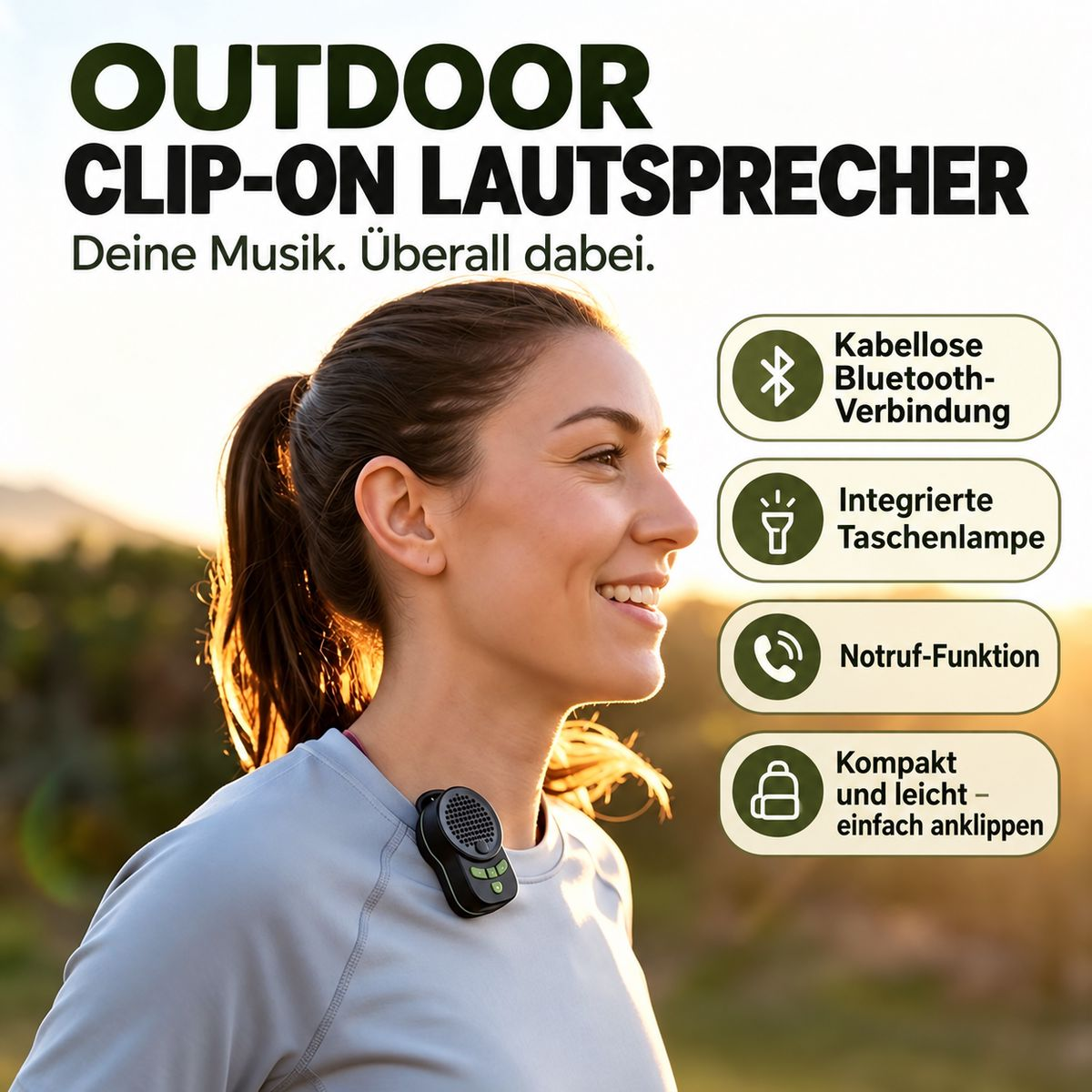 Eine lächelnde Frau trägt einen kleinen schwarzen Clip-Lautsprecher am Shirt, beworben mit Icons.