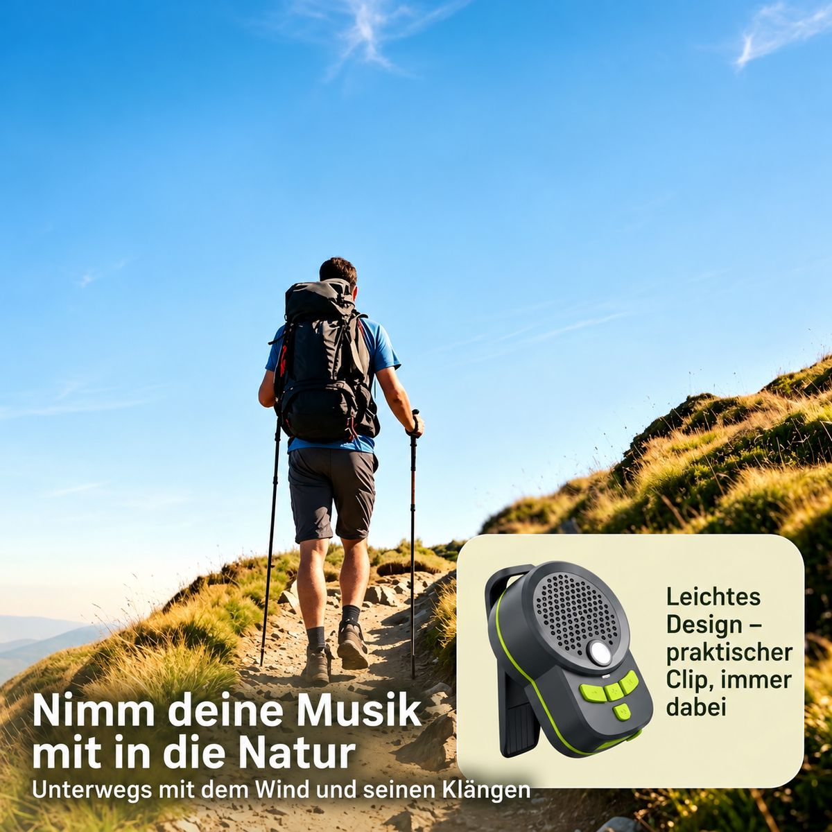 Wanderer mit Rucksack auf einem Bergpfad und ein kleiner tragbarer Lautsprecher.