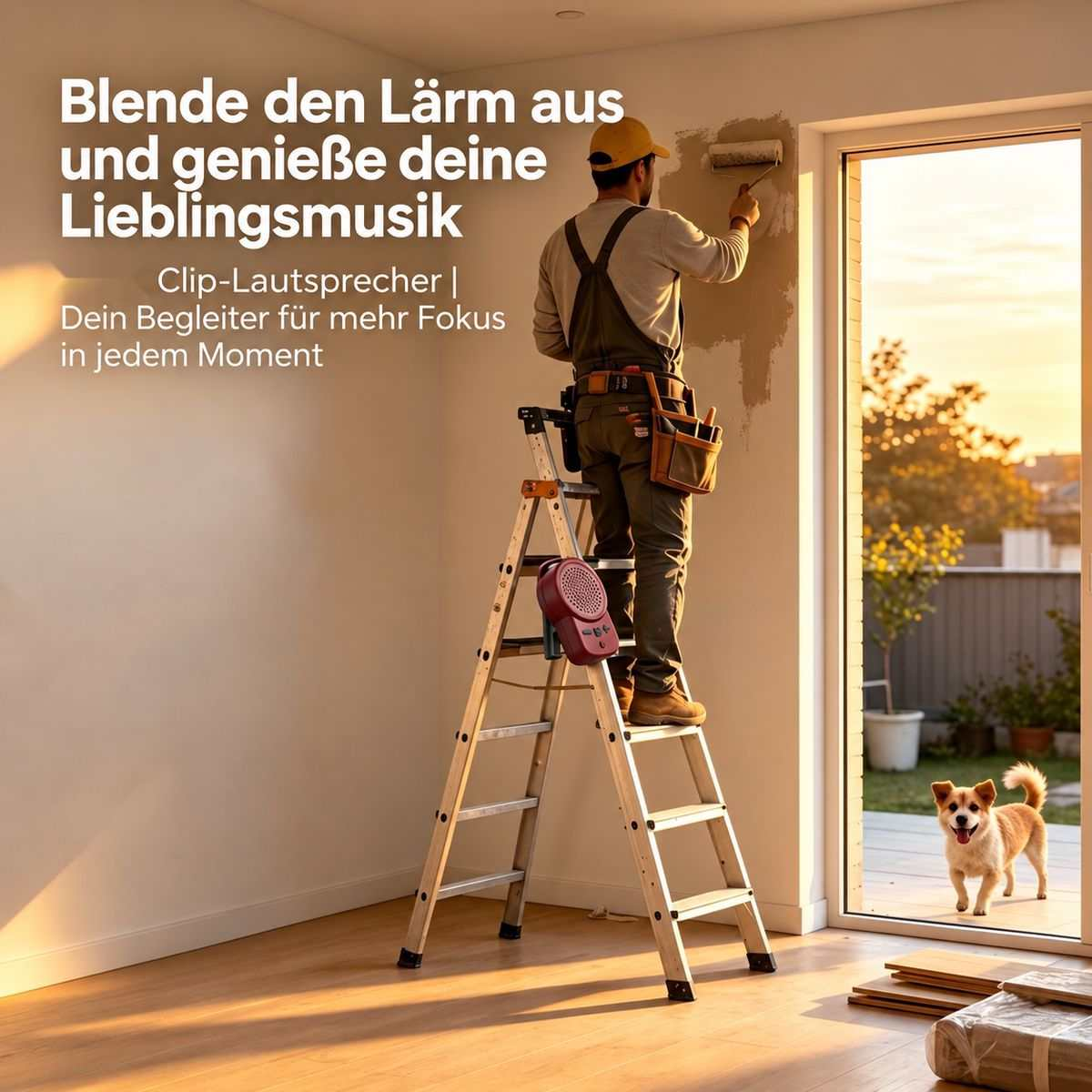 Ein Handwerker steht auf einer Leiter und streicht eine Wand, ein kleiner Hund schaut durch die Terrassentür.
