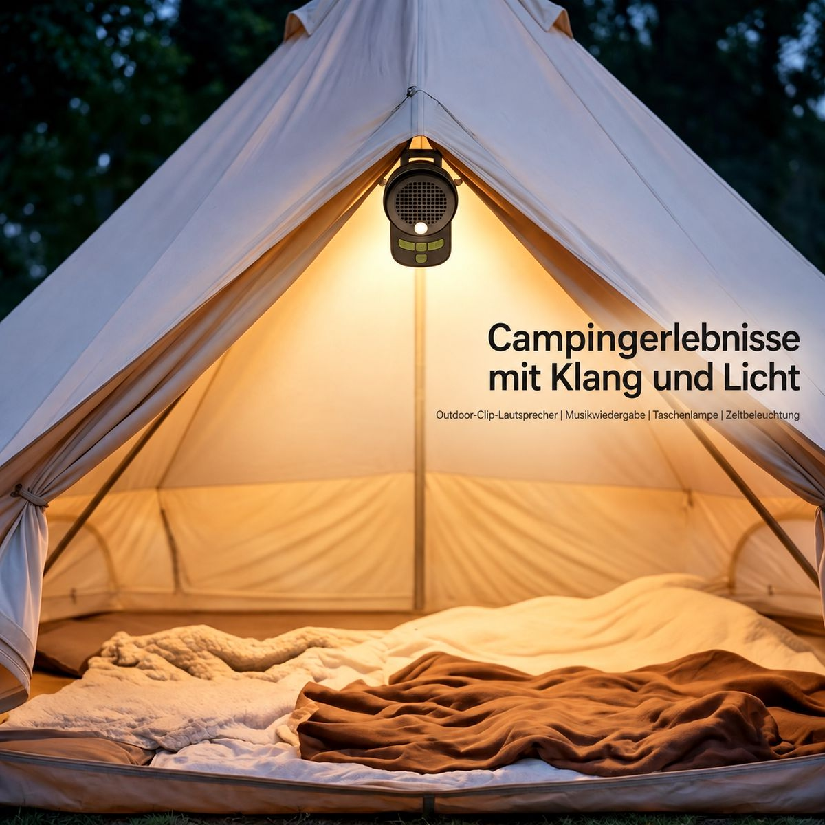 Ein beleuchtetes Campingzelt mit einem Clip-Lautsprecher und gemütlichen Betten im Inneren.