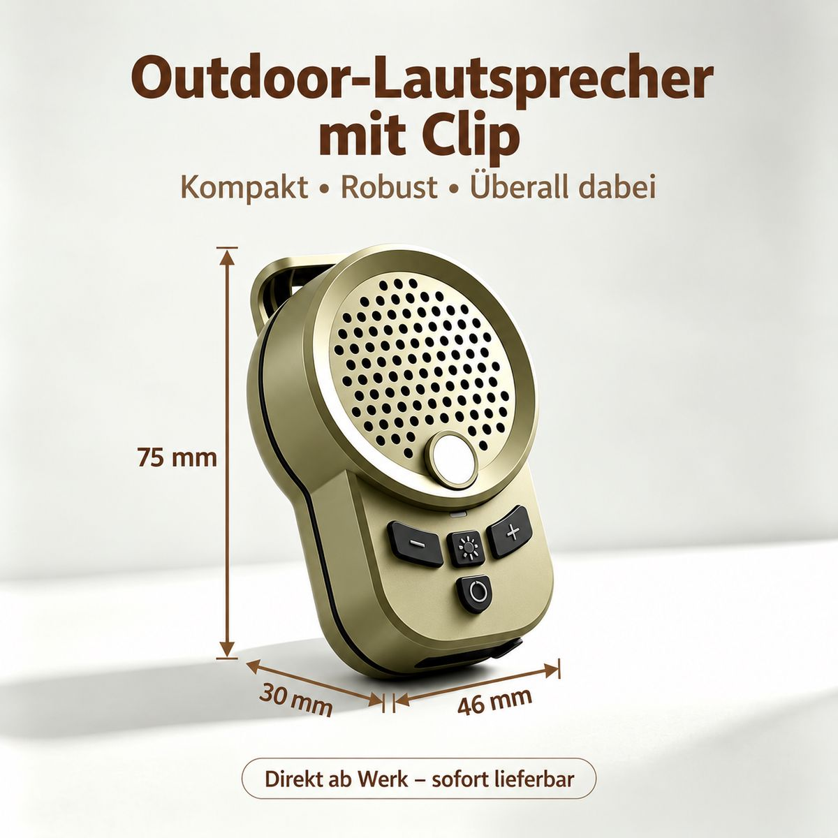Goldener Outdoor-Lautsprecher mit Maßen (75x46x30mm) und Text über Funktionen.