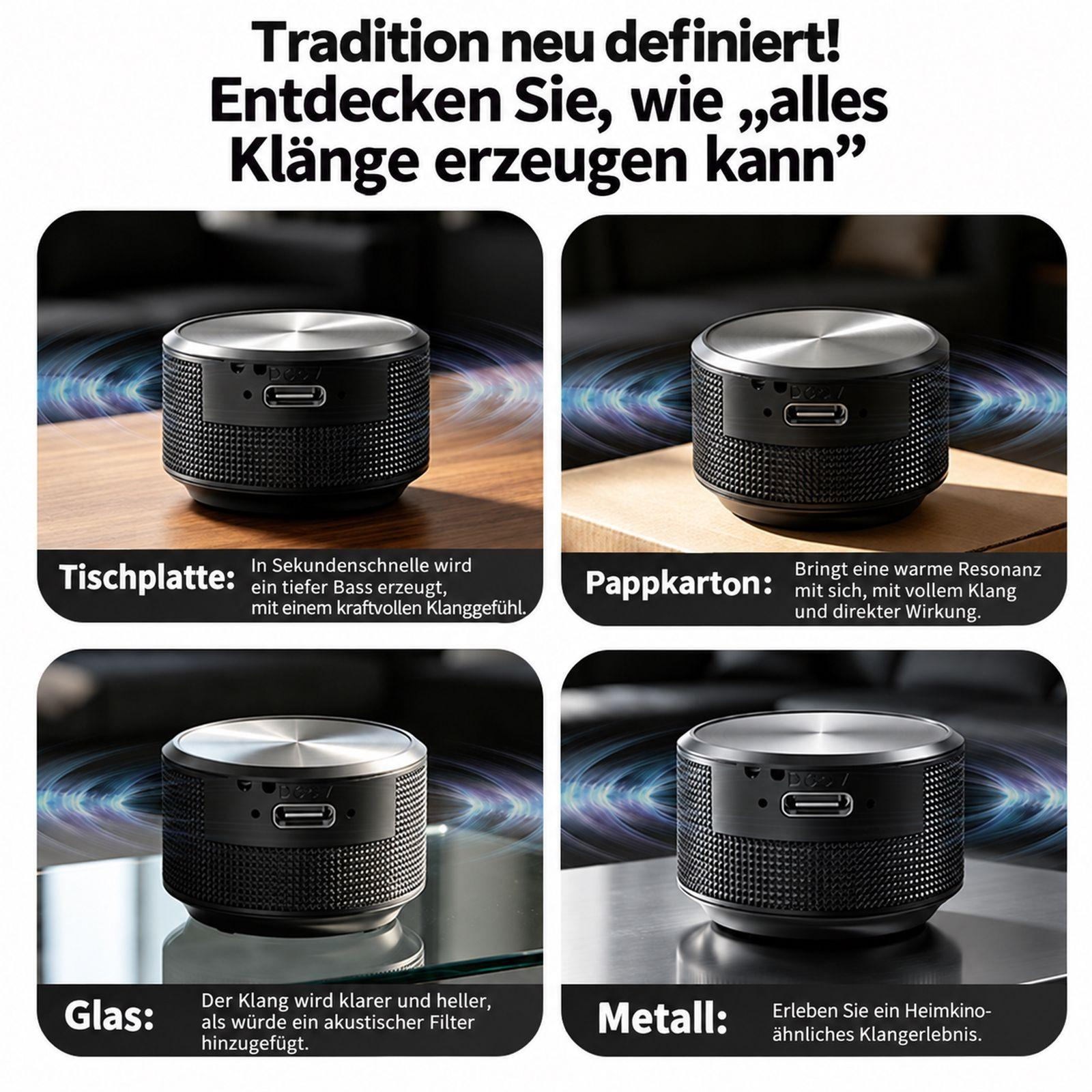 Vier Bilder zeigen den gleichen kleinen, runden Lautsprecher auf Holz, Pappe, Glas und Metall mit deutscher Schrift.