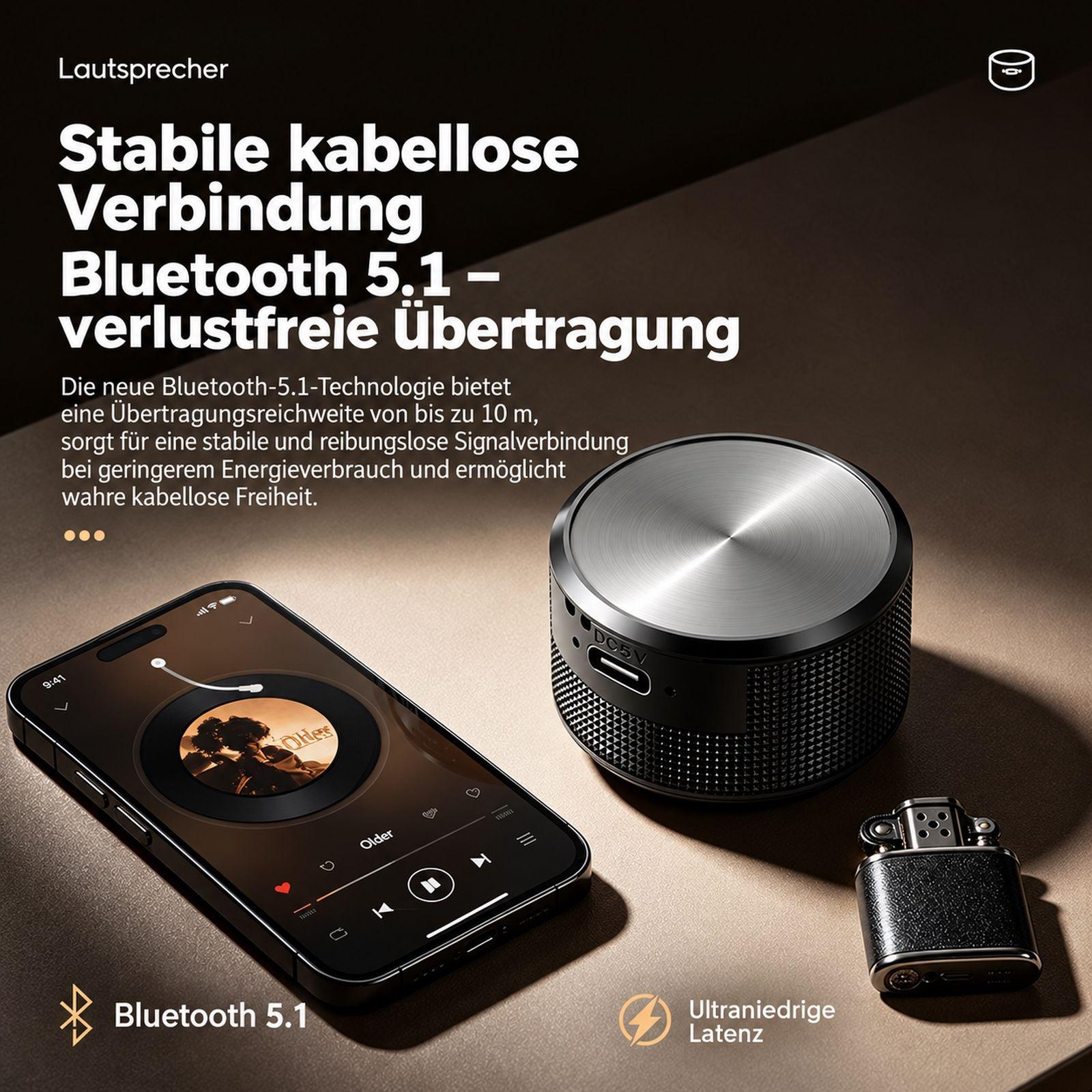 Ein Smartphone zeigt Musik, daneben ein kompakter runder Bluetooth-Lautsprecher und ein kleines schwarzes Gerät.