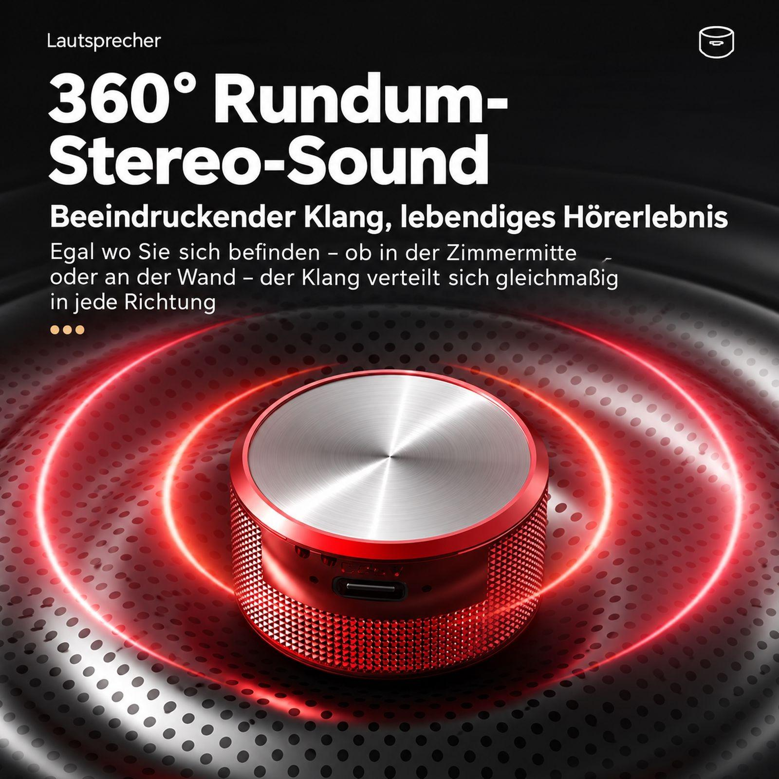 Roter, zylindrischer Bluetooth-Lautsprecher mit silberner Oberseite auf schwarzem, perforiertem Hintergrund mit roten Lichtringen.