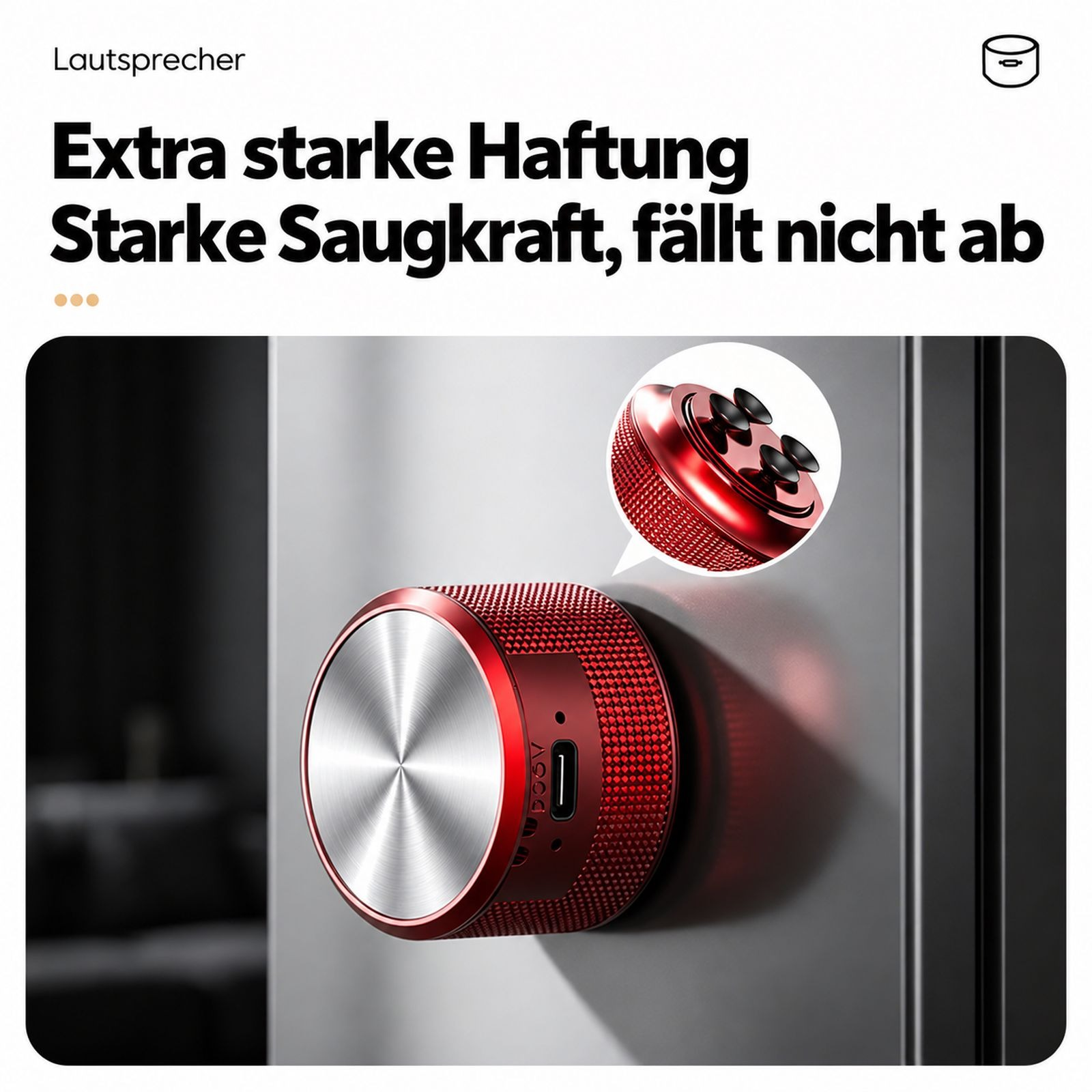 Ein roter Minilautsprecher mit Metalloberfläche ist mit Saugnäpfen befestigt.