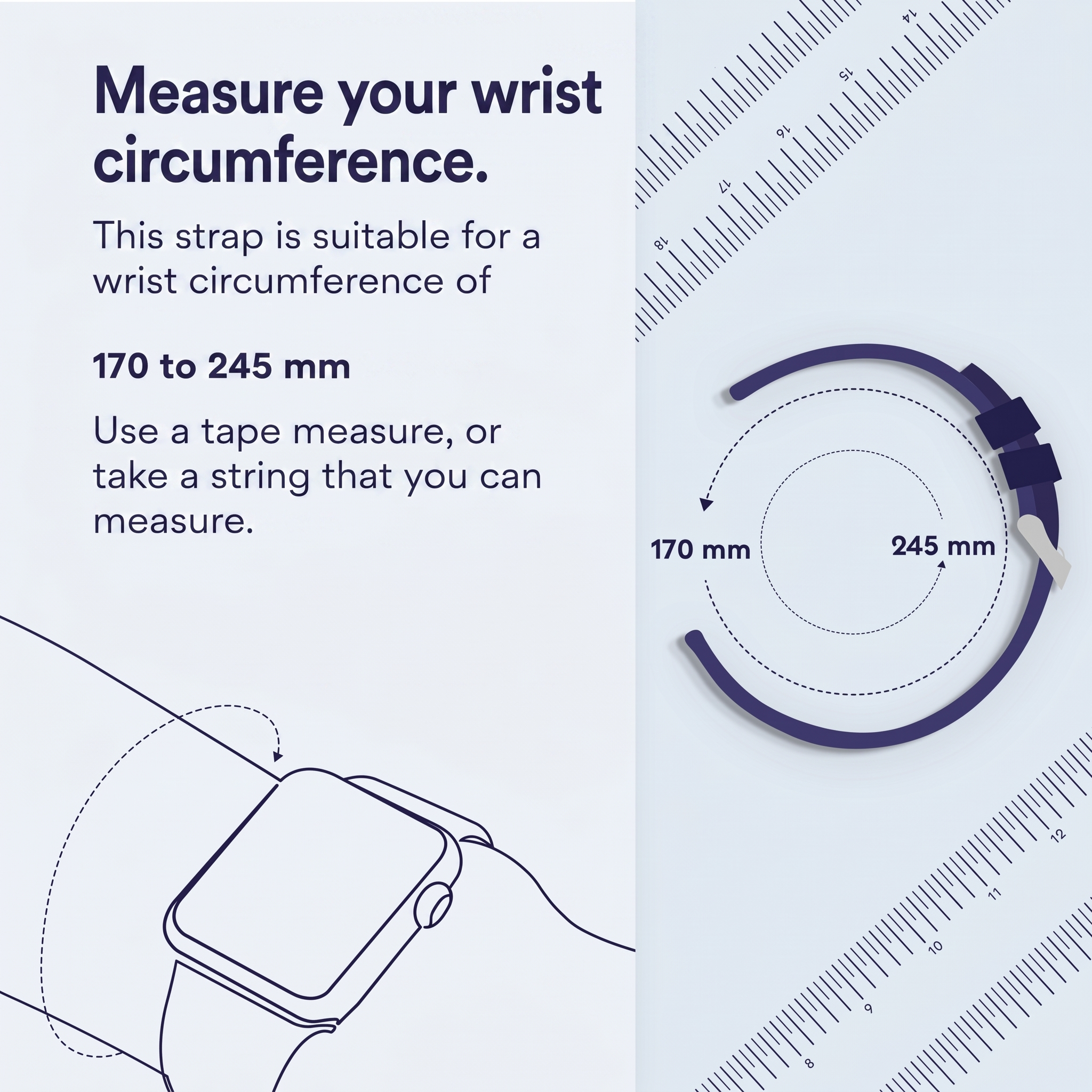 Guía para medir la circunferencia de la muñeca con texto y gráficos para correas de 170 a 245 mm.