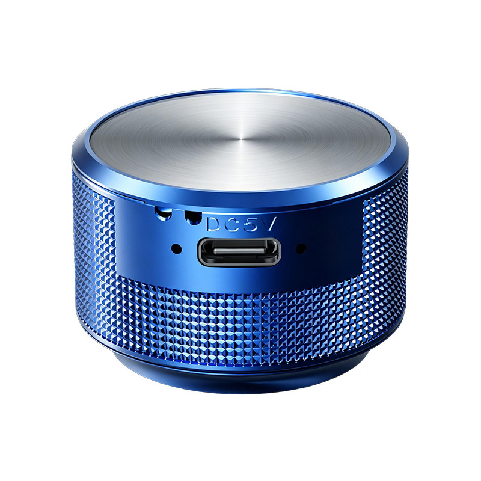Kompakter blauer Mini-Lautsprecher mit silberner Oberseite und USB-C-Anschluss.