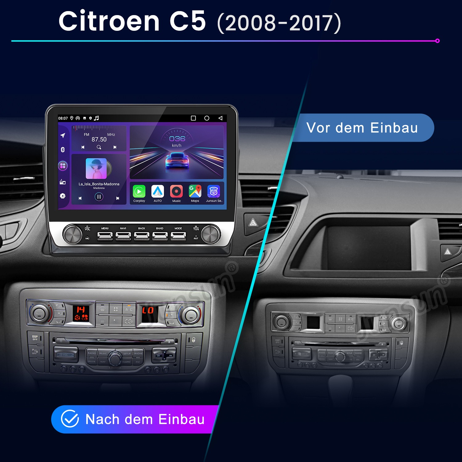 Vergleich zweier Armaturenbretter eines Citroen C5, links nach Einbau eines neuen Infotainmentsystems.
