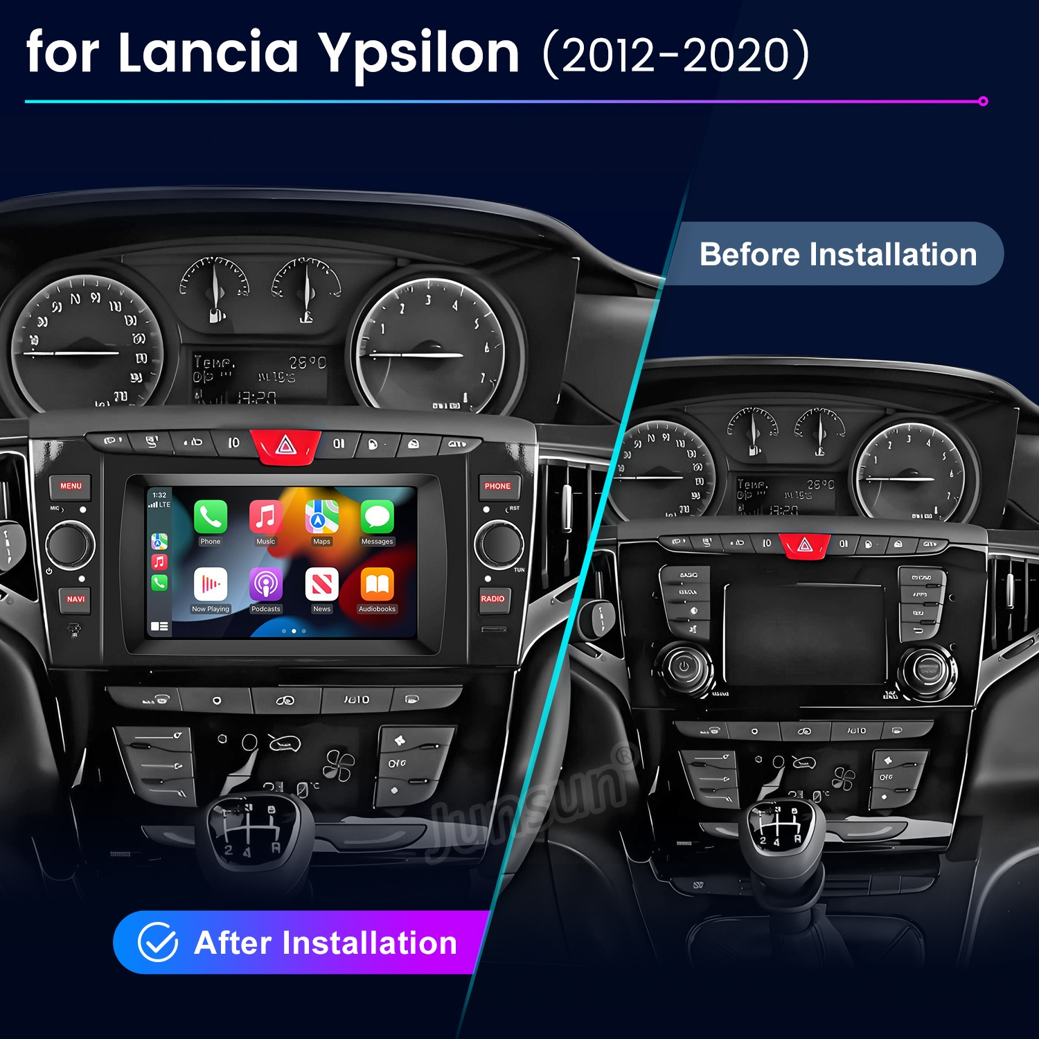 Vergleich der Lancia Ypsilon Mittelkonsole vor und nach der Installation eines neuen Touchscreen-Radios.