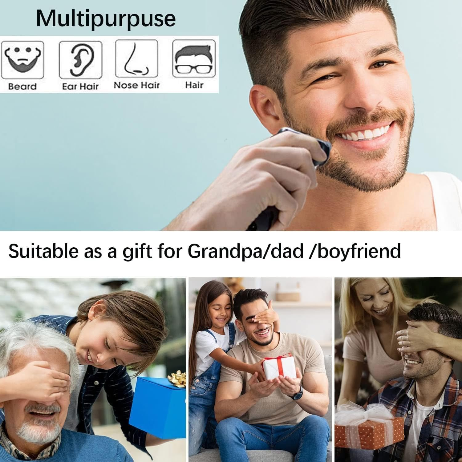 Ein Mann rasiert sich den Bart, und drei Bilder zeigen Geschenkideen für Großvater, Vater oder Freund.