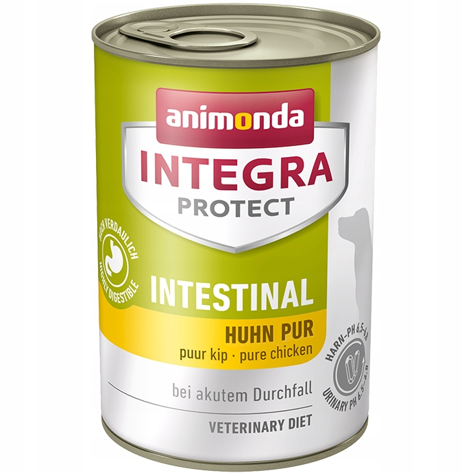 Puszka karma dla psa Animonda Integra Protect w kolorze zielonym i białym z napisem Intestinal Pure Chicken.