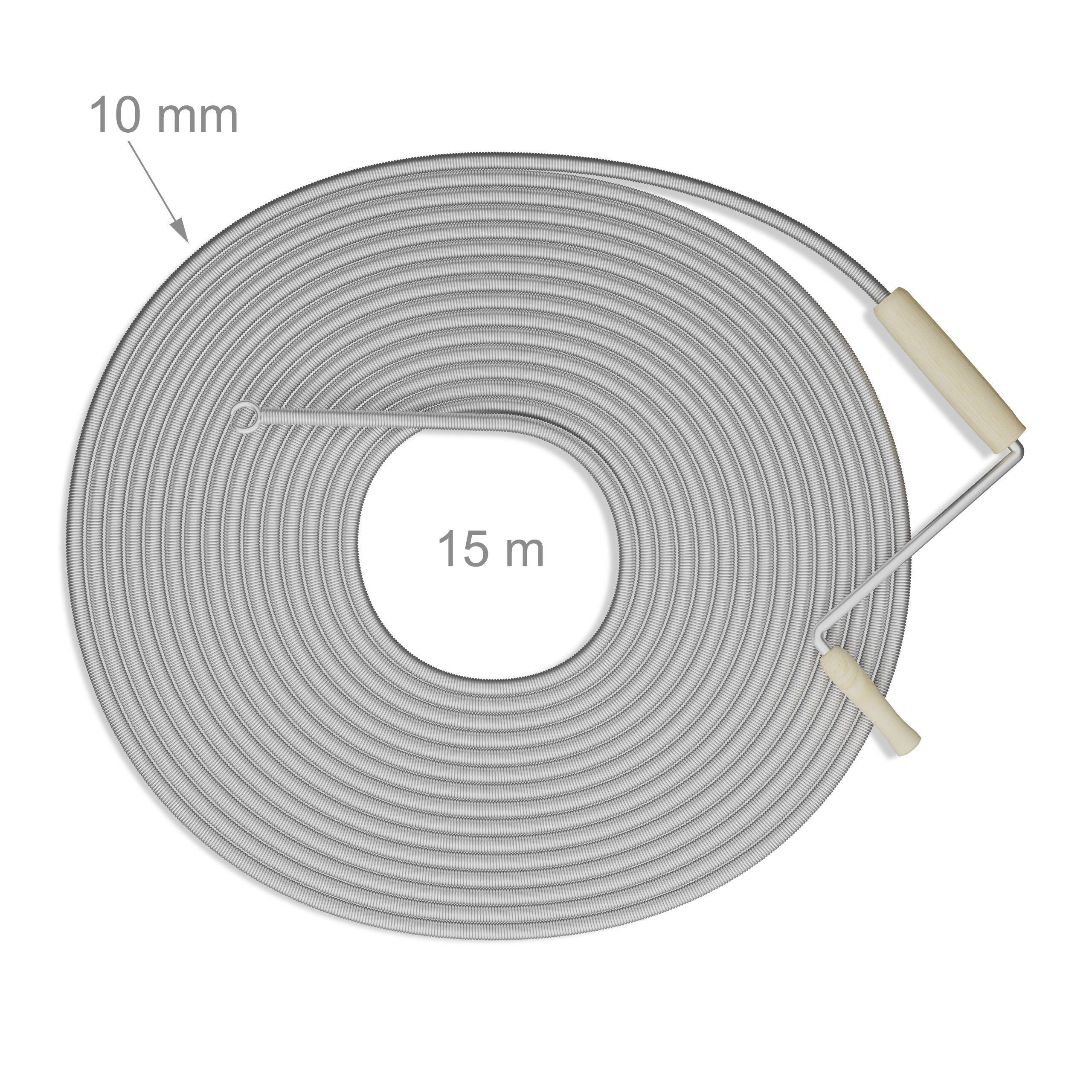 Graue 15m Spirale mit 10mm Durchmesser und Holzgriffen auf weißem Grund.