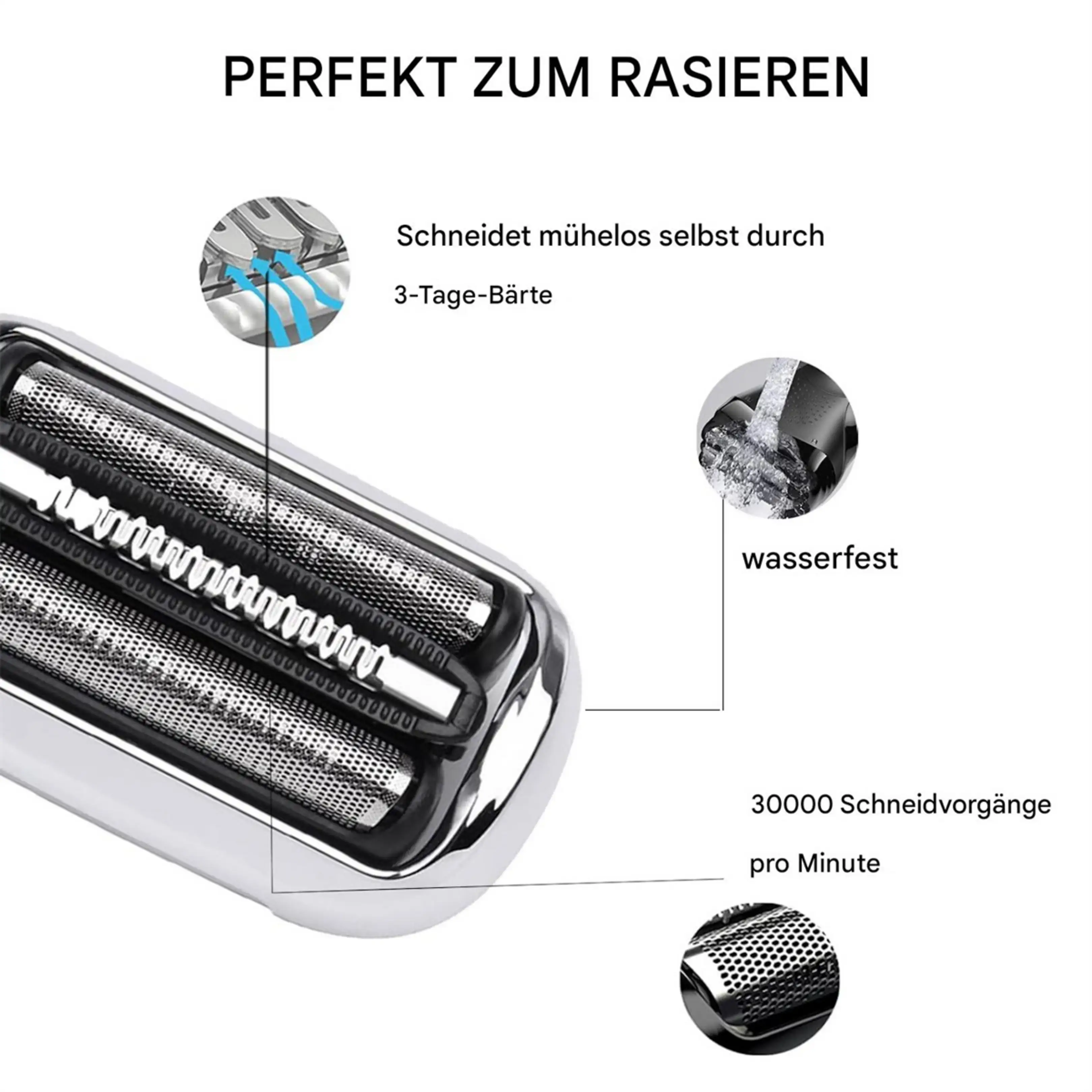 Rasierer-Kopf mit Details zu Schnittkraft, Wasserdichtigkeit und 30000 Schnitten pro Minute.