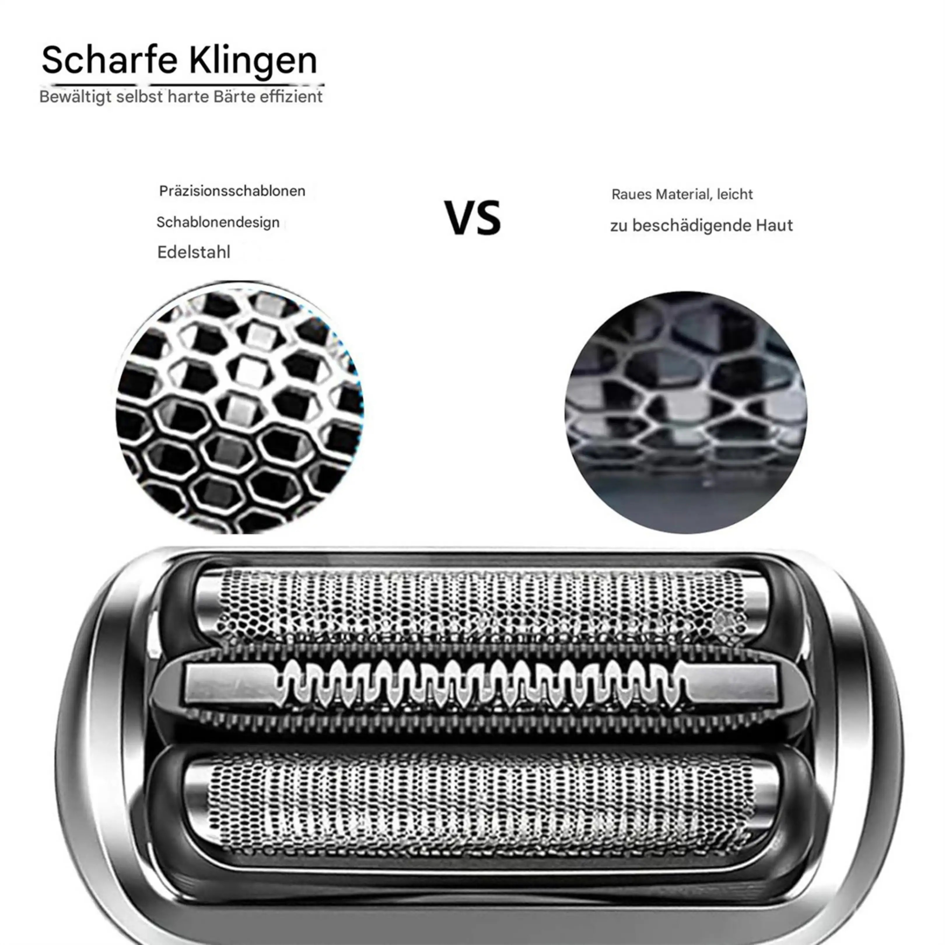 Vergleich zweier Rasierklingen mit Fokus auf Edelstahl und Schablonendesign.