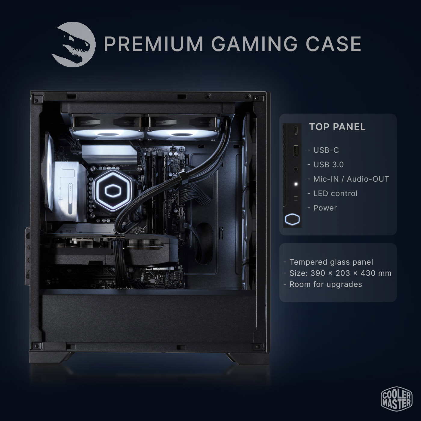 Premium-Gaming-Gehäuse mit internen Komponenten und technischen Details auf der rechten Seite.