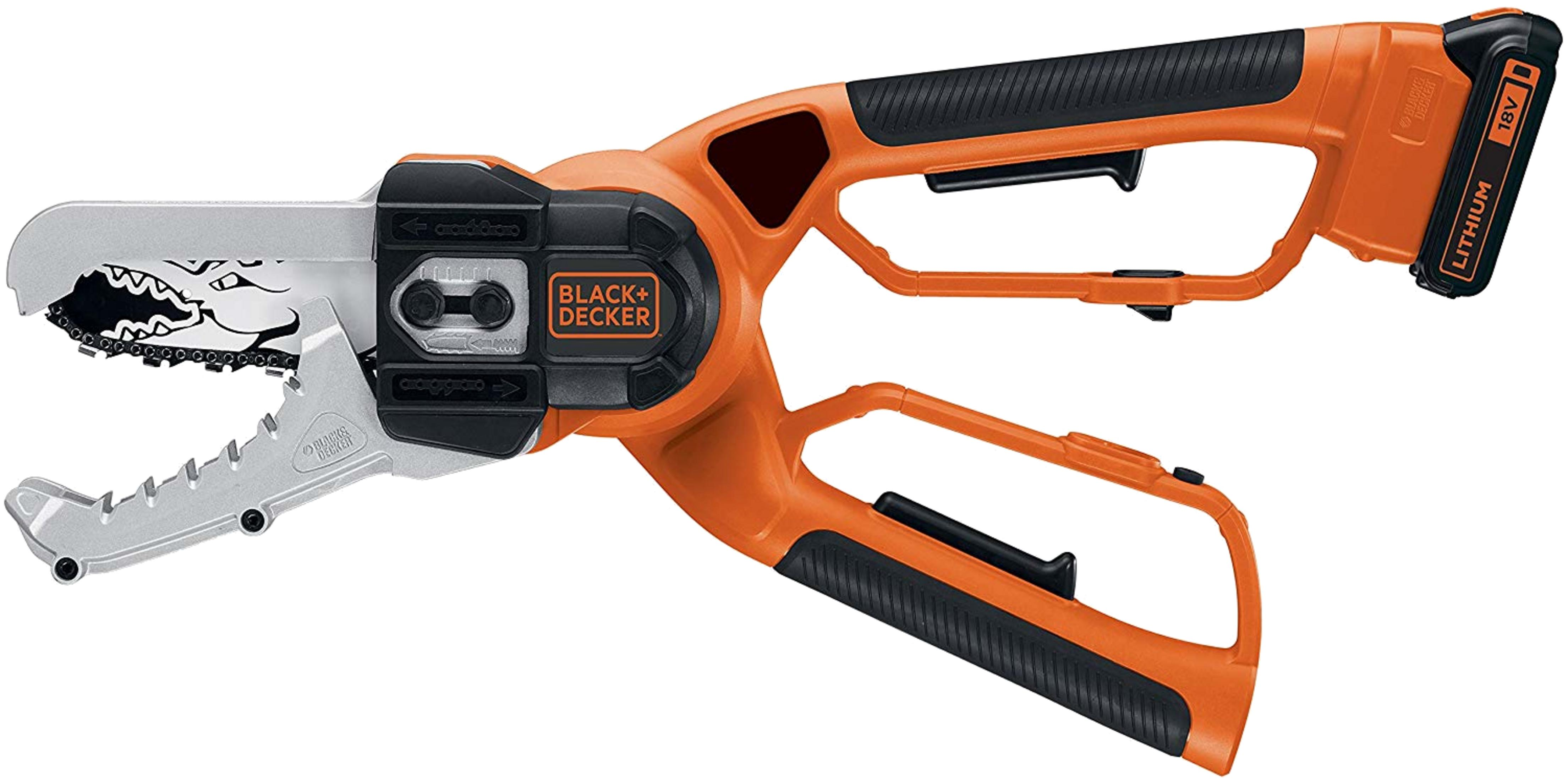 Oranger und schwarzer Black+Decker Astschneider mit Akku auf weißem Hintergrund.